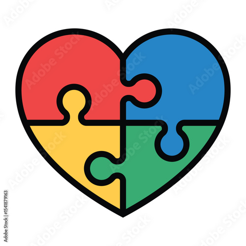 Autism awareness heart puzzle icon. Colorful jigsaw symbol of love, support, neurodiversity, education, and inclusion. Vector illustration, isolated.
