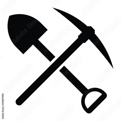 Crossed miner pickaxe and shovel icon. Silhouette of mining tools for construction, excavation, digging, or manual labor. Vector illustration, isolated.
