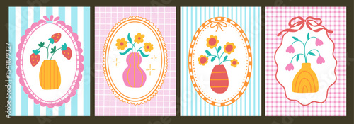 Set with charming frame and abstract flowers in vase on vintage striped background. Posters with flat decorative frame borders