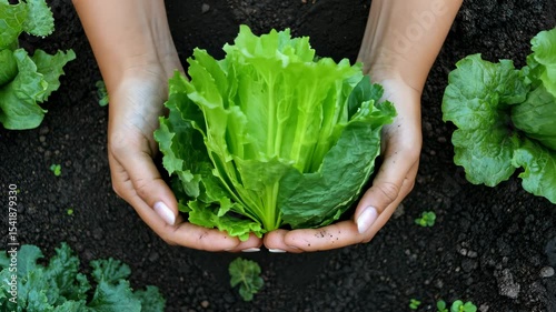 Hands holding freshly harvested lettuce above soil in a garden. Concept: organic farming, home gardening, healthy food, sustainability, farm-to-table, green lifestyle