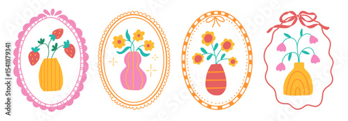 Set of charming frames with abstract flowers in vase. Bright simple botanical elements stamps in flat retro style