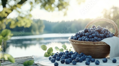 Wallpaper Mural A picturesque scene featuring a basket overflowing with fresh blueberries, gently spilling onto a table by a tranquil lakeside, evoking a sense of nature's bounty and freshness. Torontodigital.ca