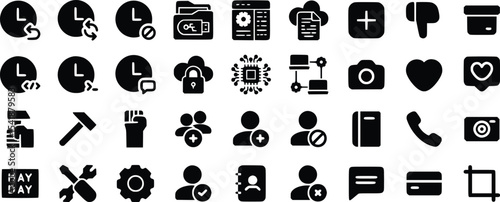 Black Glyph Icons Set Time Management Data Security Social Media