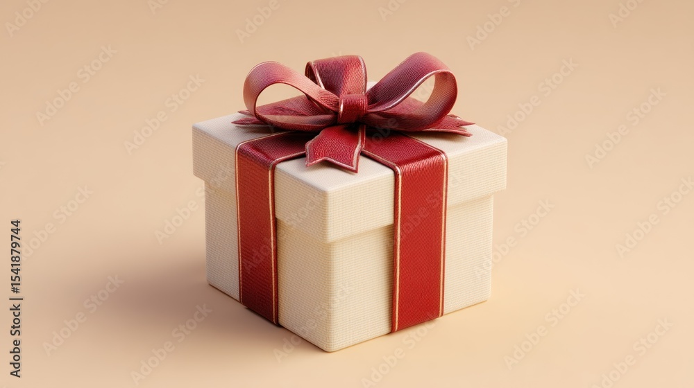 Obraz premium Elegant cream-colored gift box with a maroon ribbon bow