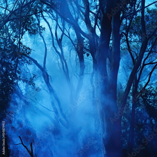 Driving on a narrow road in atmospheric forest through smoke and fog towards bright light