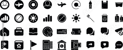Black Glyph Icons Set Travel Finance Communication