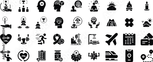 Black Glyph Icons Set Wellness Mind Body Travel Health