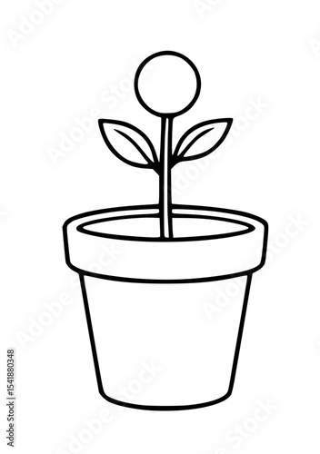 Line drawing of a small potted plant with a single green leaf and a round seed at the top. Simple and minimalistic design.