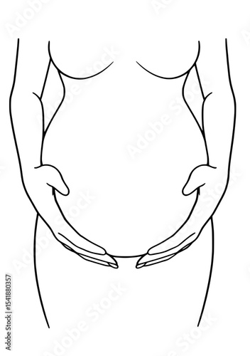 Line art illustration of a pregnant woman cradling her belly with both hands, symbolizing maternity and nurturing.