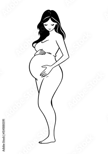 Line art of a pregnant woman with long hair, gently cradling her belly, standing in a relaxed pose.