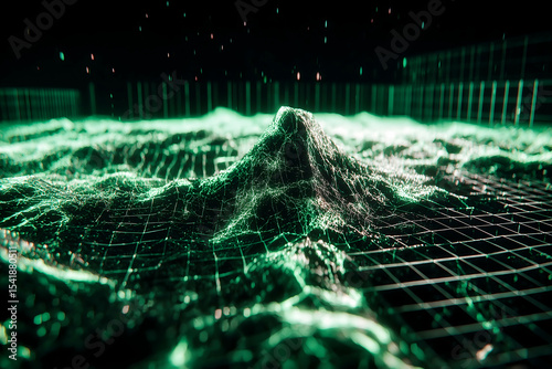 A digital 3D grid landscape with glowing green lines forms a mountain-like structure, symbolizing data visualization and futuristic technology.