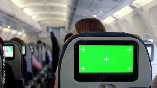 Airplane cabin with young woman and seatback screens, passenger travel and technology in transit – modern flight experience and connectivity