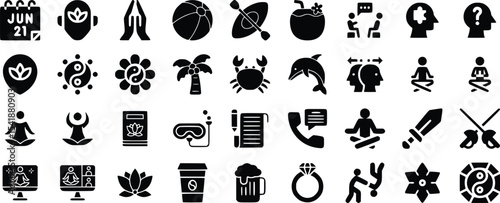 Black Glyph Icons Set Wellness Yoga Travel Mindfulness