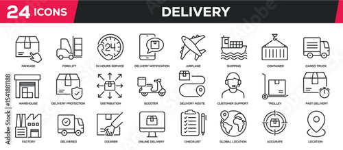 Set of collection line icons related delivery, logistic, cargo, warehouse. Editable stroke. Perfect pixel on transparent background
