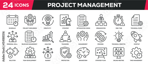 Set of collection line icons related project management, planning, improvement. Editable stroke. Perfect pixel on transparent background