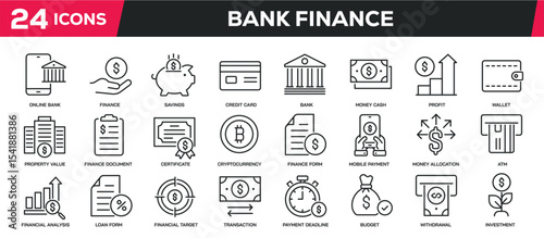 Set of collection line icons related finance, bank, accounting, money. Editable stroke. Perfect pixel on transparent background