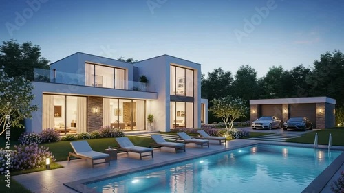 Modern White Two Story Villa With Swimming Pool and Lounge Chairs at Dusk Surrounded By Green Garden And Trees in Soft Lighting