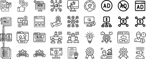 Digital Marketing Icons Set Black and White Line Art