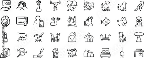 Hand Drawn Black and White Icon Set Lifestyle Wellness Family Home