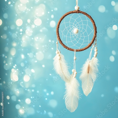 Mystic dream catcher with white beads and feathers hanging with copy space background.