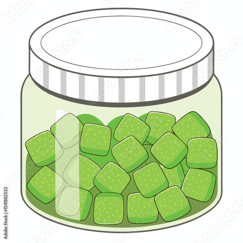 Green square candies in a glass jar