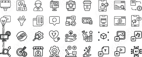 Marketing Strategy Icons Set Black and White Line Art