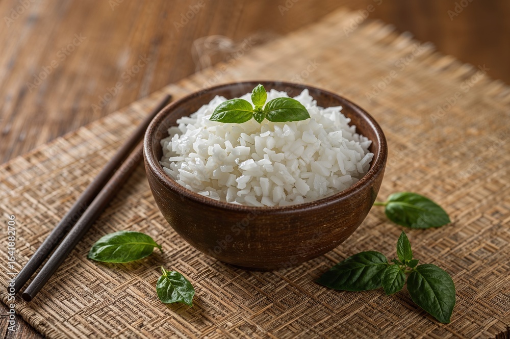 Steamed White Rice Bowl with Fresh Basil and Chopsticks Steamed White Rice Bowl with Fresh Basil and Chopsticks