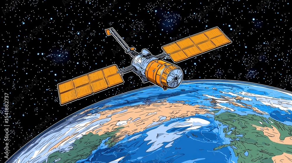 Obraz premium Pixel Art Satellite Orbiting Earth in Space