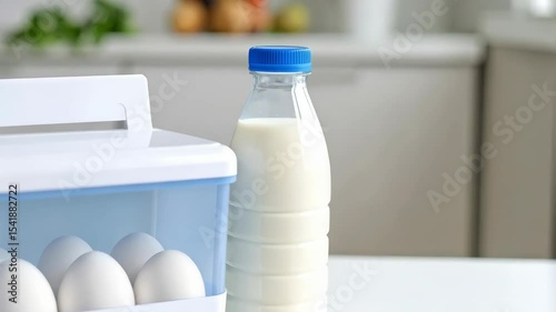 Fresh white eggs in a blue and white container with a bottle of milk on a white table surface in a kitchen setting