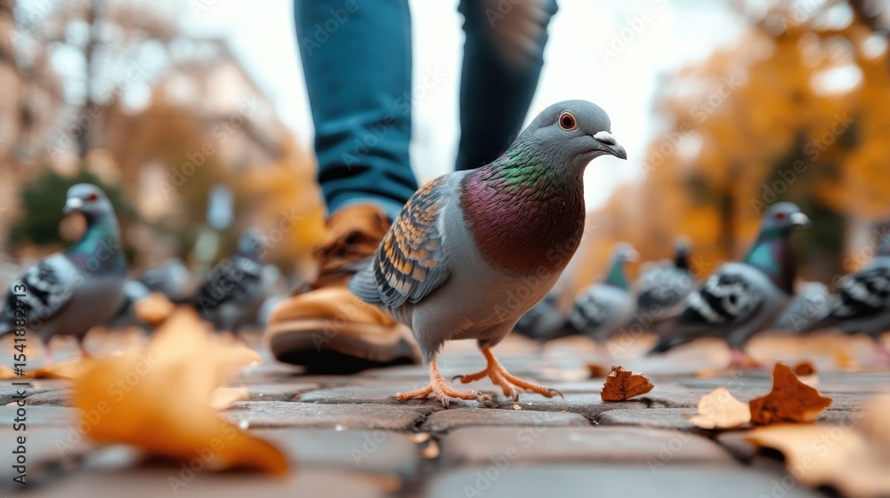 Obraz premium A charming pigeon waddles through a cobblestone path scattered with autumn leaves, capturing the essence of urban wildlife and the beauty of change in nature's seasons.