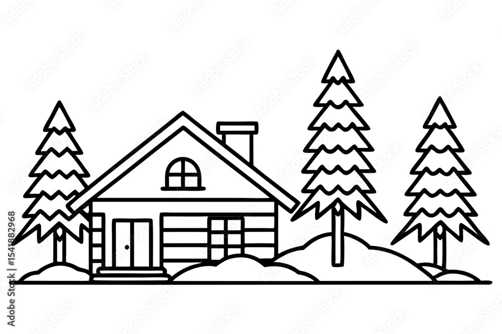 Obraz premium Peaceful Snowy Cottage Line Art
