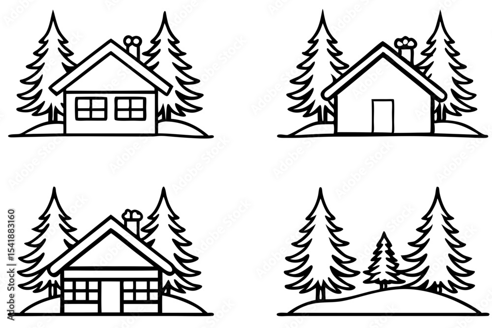 Fototapeta premium Peaceful Snowy Cottage Line Art