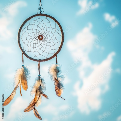 Net circle of dream catcher on soft blue sky and white background