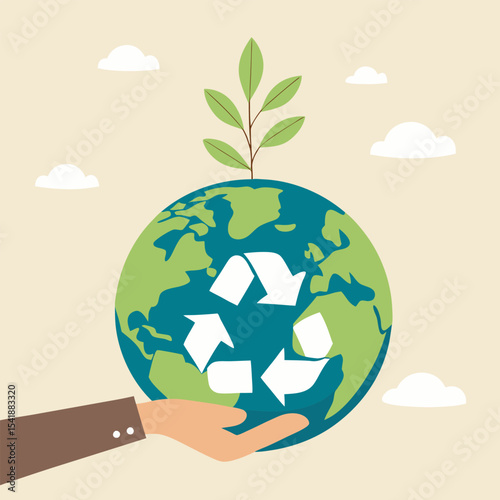 Hand holding earth with plant and recycle symbol