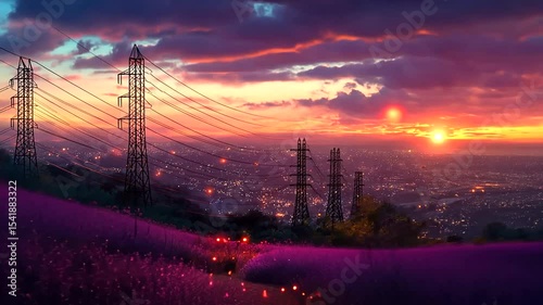 Scenic Sunset with Power Lines and Flowers