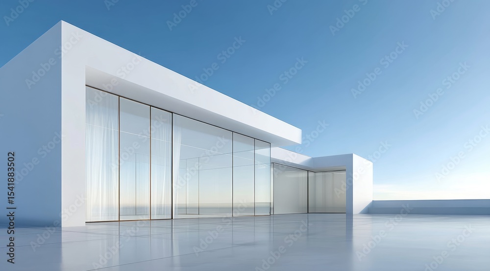 Fototapeta premium Modern minimalist building with large glass windows under a clear blue sky