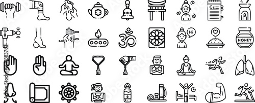 Wellness Icons Set Black Line Art Yoga Fitness Meditation