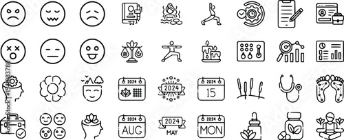 Wellness Icons Set Black Line Art Emojis Yoga Calendar