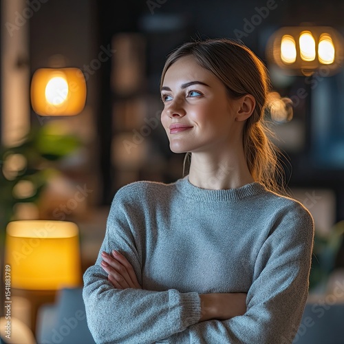 Portrait of happy dreamy young woman looking away, standing with folded arms in modern living room, visualizing future, recollecting good memories, planning weekend or thinking of problem solutions.