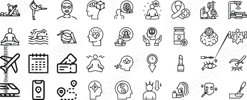 Wellness Lifestyle Icons Set Black Line Art Yoga Meditation Spa Travel