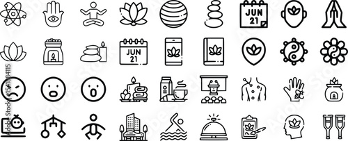 Wellness Icons Set Black Line Art Yoga Spa Meditation Symbols