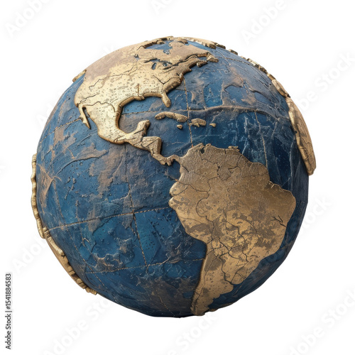 Detailed globe featuring textured blue and gold design, showcasing continents and oceans with unique artistic style Transparent background or PNG