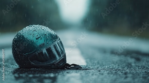 A close-up image of a water-drenched motorcycle helmet lying on a slick asphalt road, conveying the thrill and danger of riding in the rain, paired with a sense of adventure.