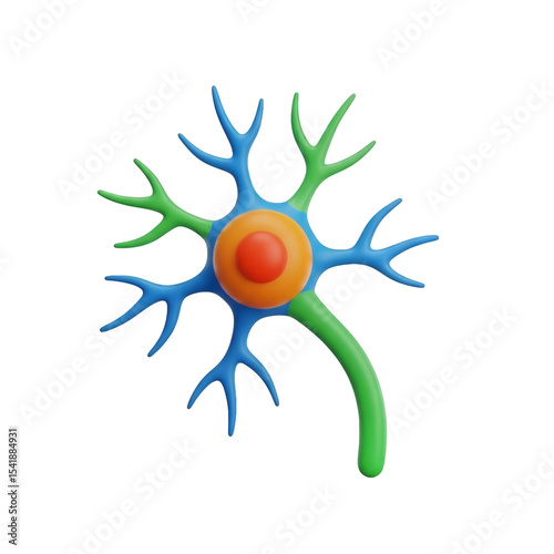 Neuron Cell 3D Model Illustration with Transparent Background, depicting neural network, science, and biology for educational and medical purposes