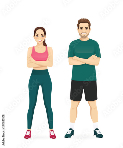 Young fitness man and woman in sports clothes standing together. Isolated vector illustration