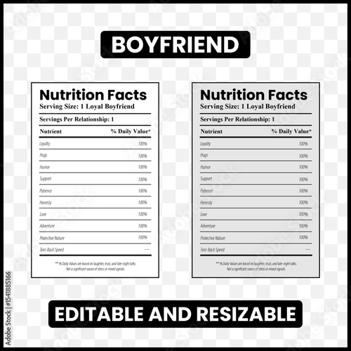 boyfriend nutrition facts
boyfriend label design
funny boyfriend nutrition label
romantic nutrition facts
love nutrition facts
boyfriend appreciation label
boyfriend infographic
boyfriend traits label