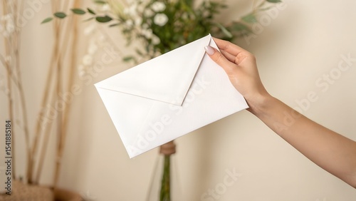 Elegant Hand Holding White Envelope – Wedding Invitation or Greeting Card Concept