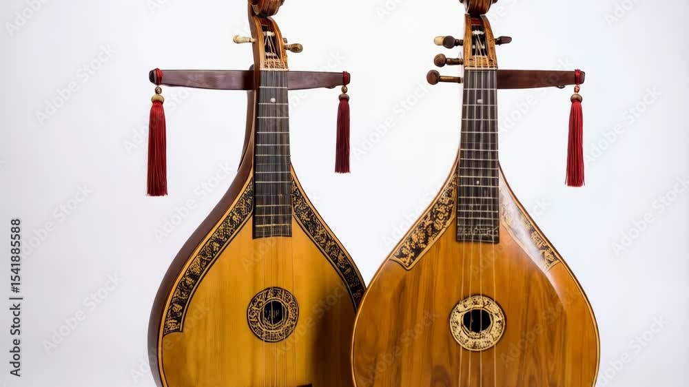 Two Asian stringed musical instruments, each adorned with ornate designs and standing gracefully on wooden stands against a clean background.