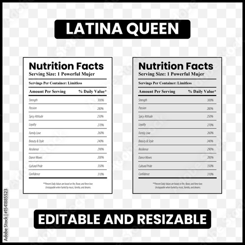 latina queen nutrition facts  
latina nutrition label  
funny latina design  
queen personality traits  
latina pride label  
hispanic woman nutrition  
latina empowerment gift  
daily value latina  
