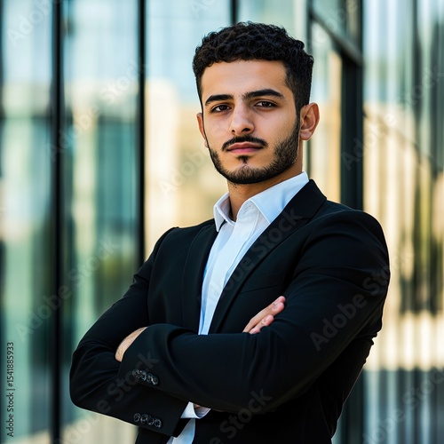 Successful Businessman. Confident arabic young business guy posing with folded hands, looking aside while standing against modern office building outside. Free space for text